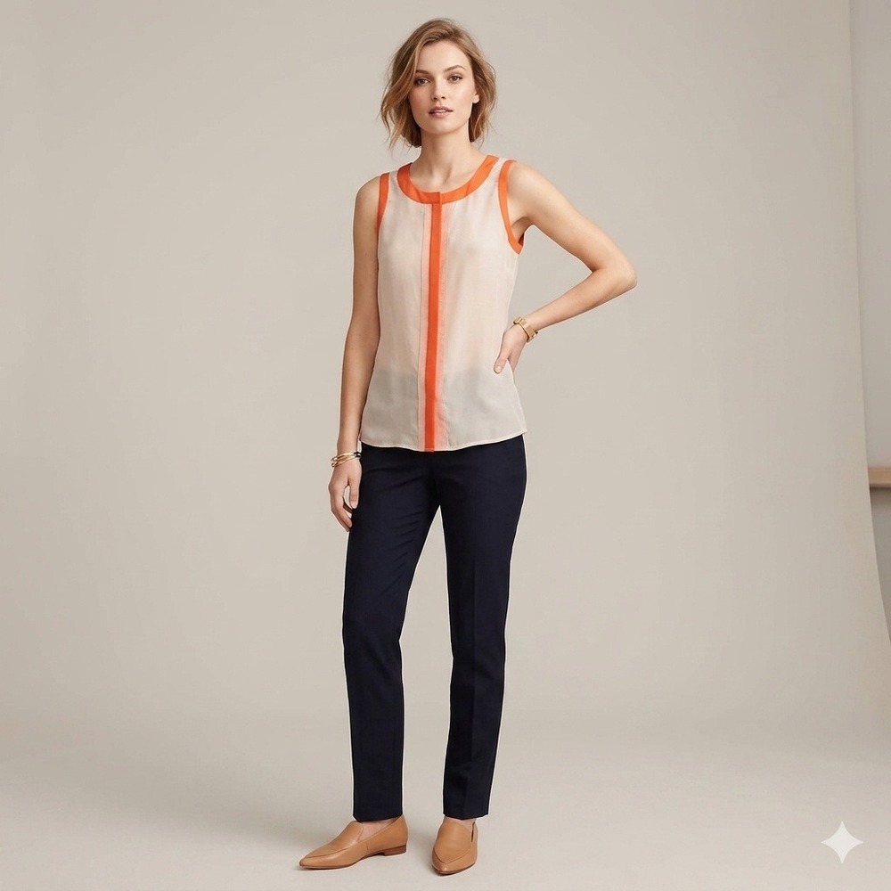 J.Crew Silk Blend Sleeveless Blouse Sheer Cotton Silk Trim Tan Orange 2